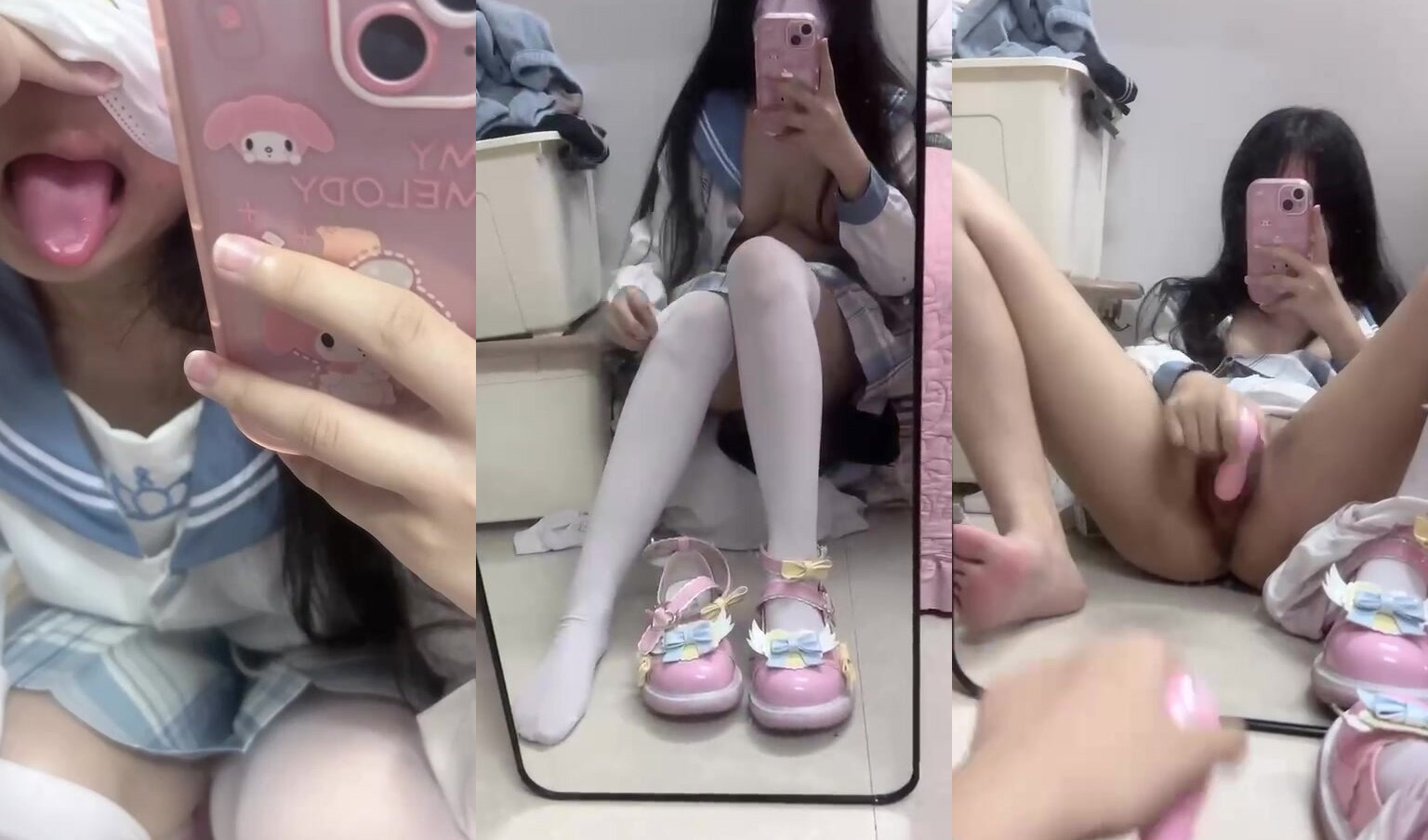 白絲水手服妹妹對鏡吐舌自慰
