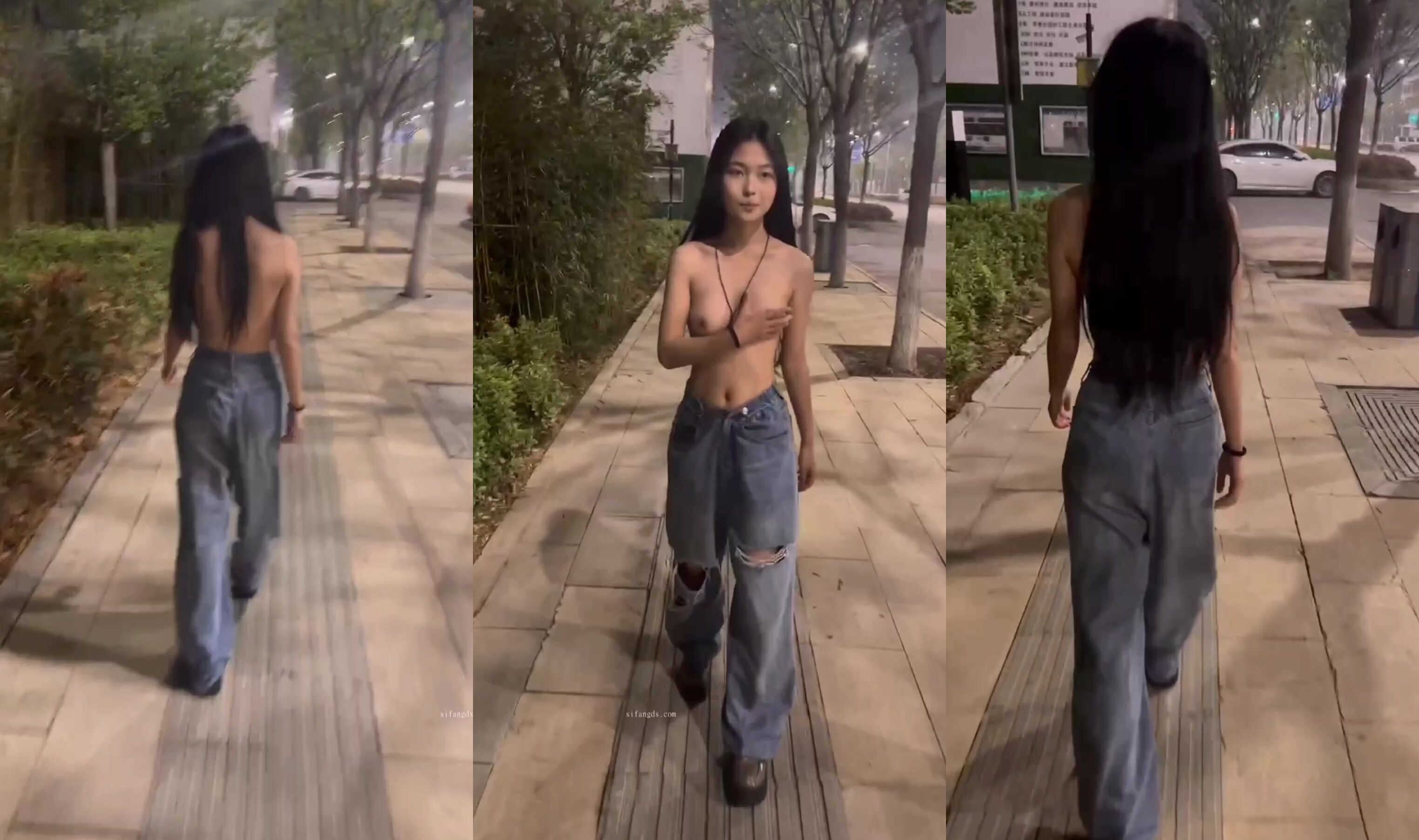 騷貨人行道裸上身散步