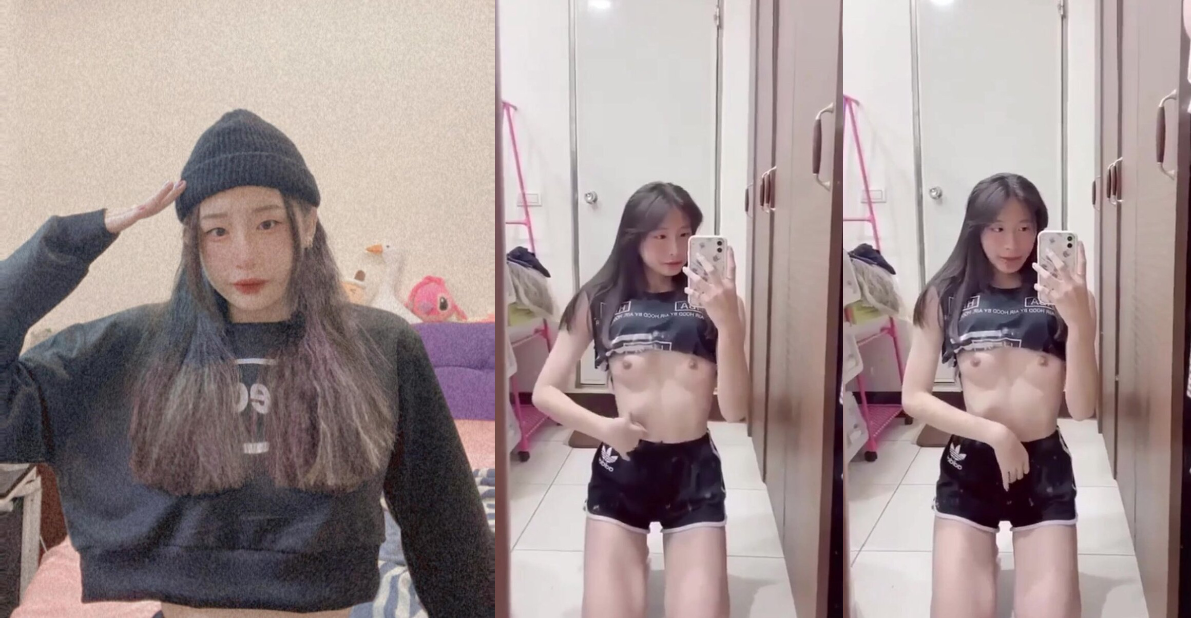 反差貧乳妹子跪地對鏡
