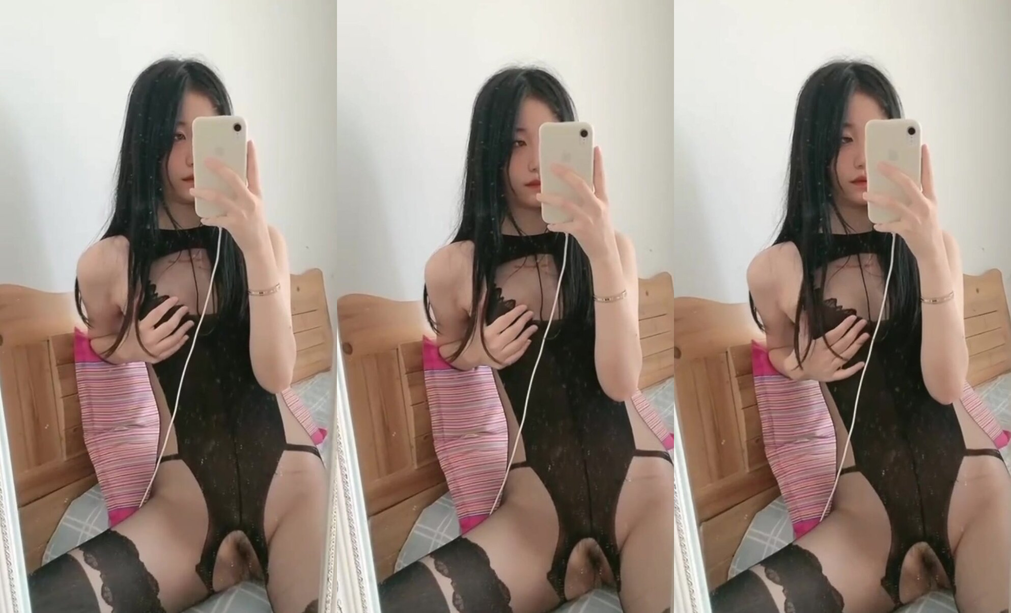 妹子性感連身衣對鏡抓奶