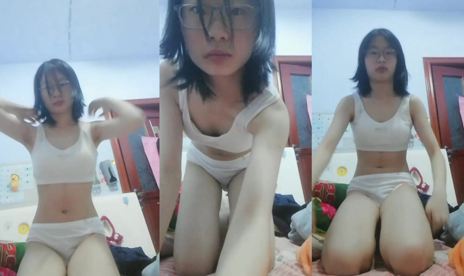 眼鏡牙套妹床上脫光示愛